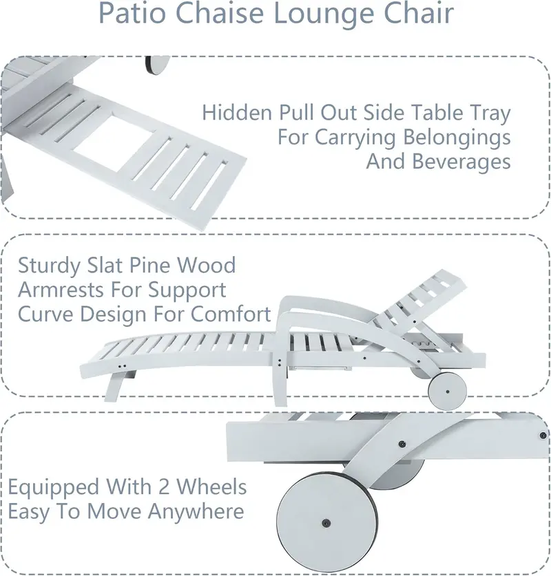 Wooden 4-Piece Chaise Lounge Set – Five-Angle Reclining Chairs with Integrated Pull-Out Side Tables